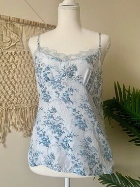 Old Navy Vintage Y2K 100% Silk Floral Lace Cami Blue Academia Top Medium